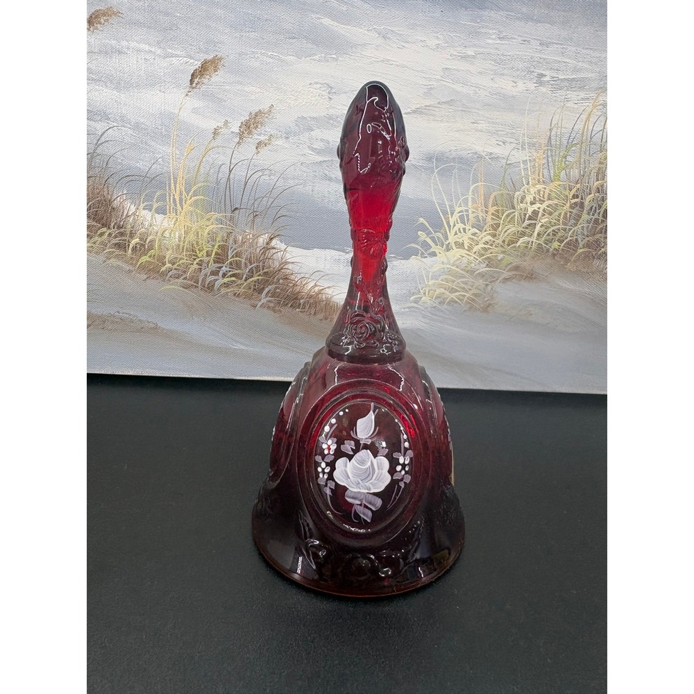 Fenton Ruby Red Glass Bell Hand Painted White Rose Floral Artist Signed 6.5"